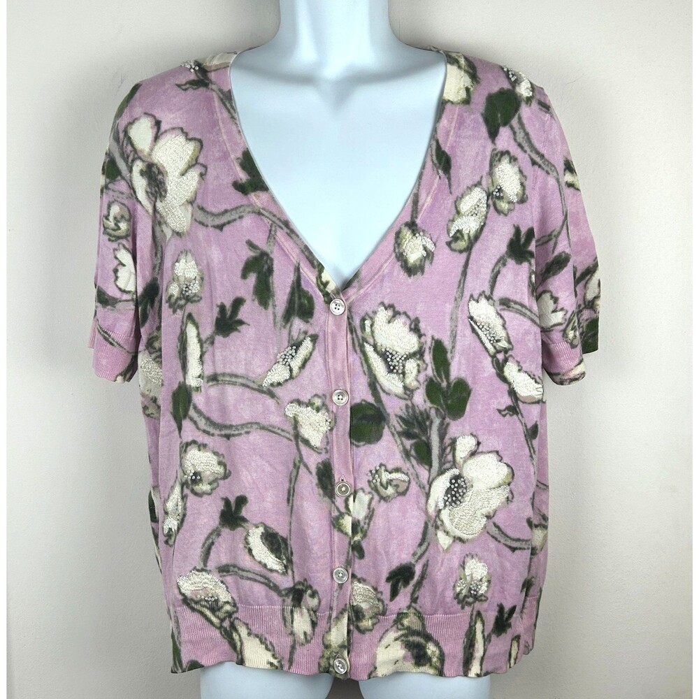 Talbots Cotton Blend Pink Floral Beaded Short Sleeve Cardigan Sweater Size 1X